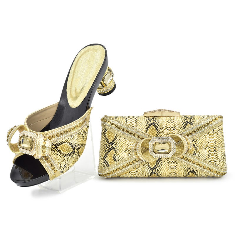 صنادل عالية الكعب من جلد PU مع كريستالات مع حقيبة مسائية مع فستان أنيق حقيبة كلاتش - Image 2